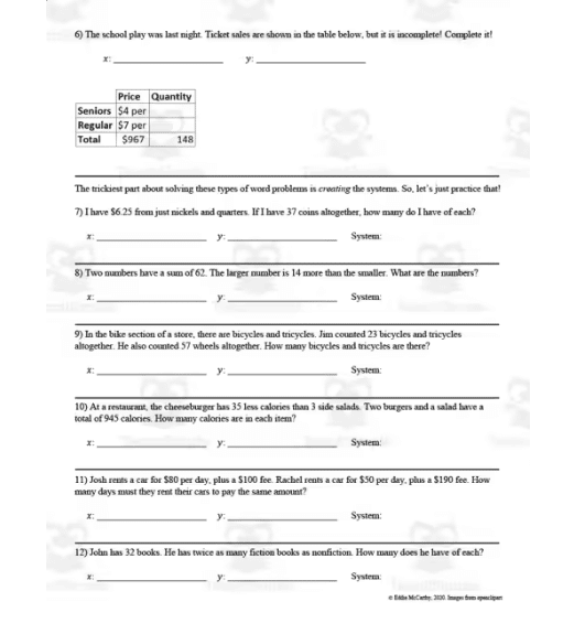 Systems of equations worksheets