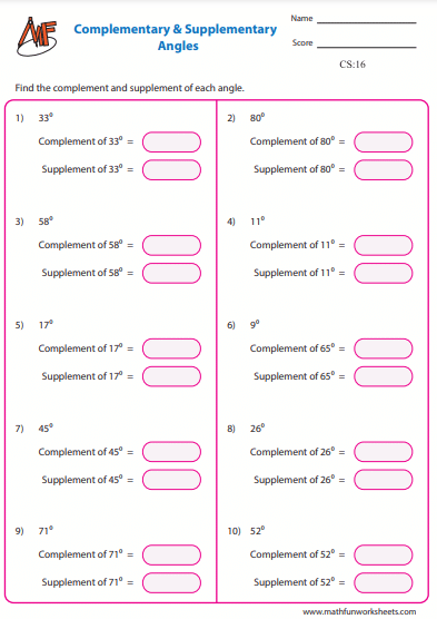 free math worksheets on complementary and supplementary angles