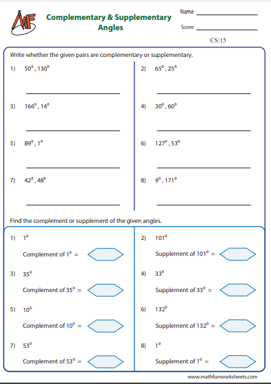 free math worksheets on complementary and supplementary angles