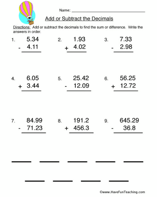 Adding and Subtracting Decimals Worksheets