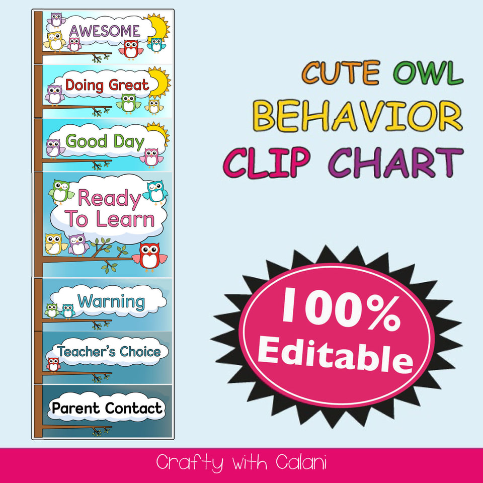 Editable owl-themed behavior clip chart showing seven labeled levels.