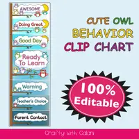 Editable owl-themed behavior clip chart showing seven labeled levels.