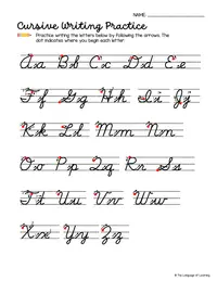 Uppercase and lowercase cursive alphabet with starting dots and directional arrows.