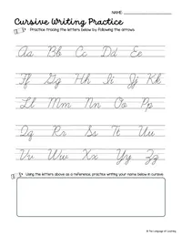 Cursive alphabet tracing practice with ruled lines and a handwriting box.