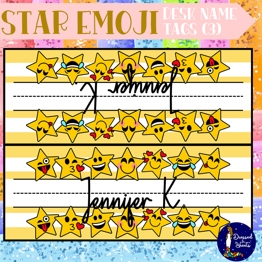 Yellow star-emoji desk name tags shown with sample names.