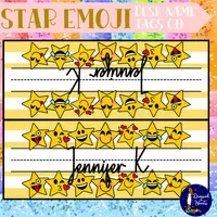 Yellow star-emoji desk name tags shown with sample names.