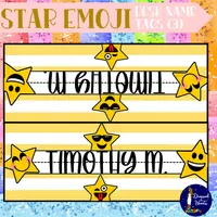 Folded yellow desk name tag with star emojis and a sample name on both sides.