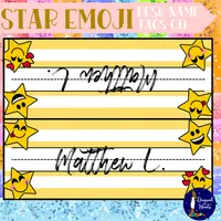 Folded desk name tag with yellow star emojis around the border and a sample name.