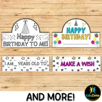 Four birthday-crown designs in color and black and white.