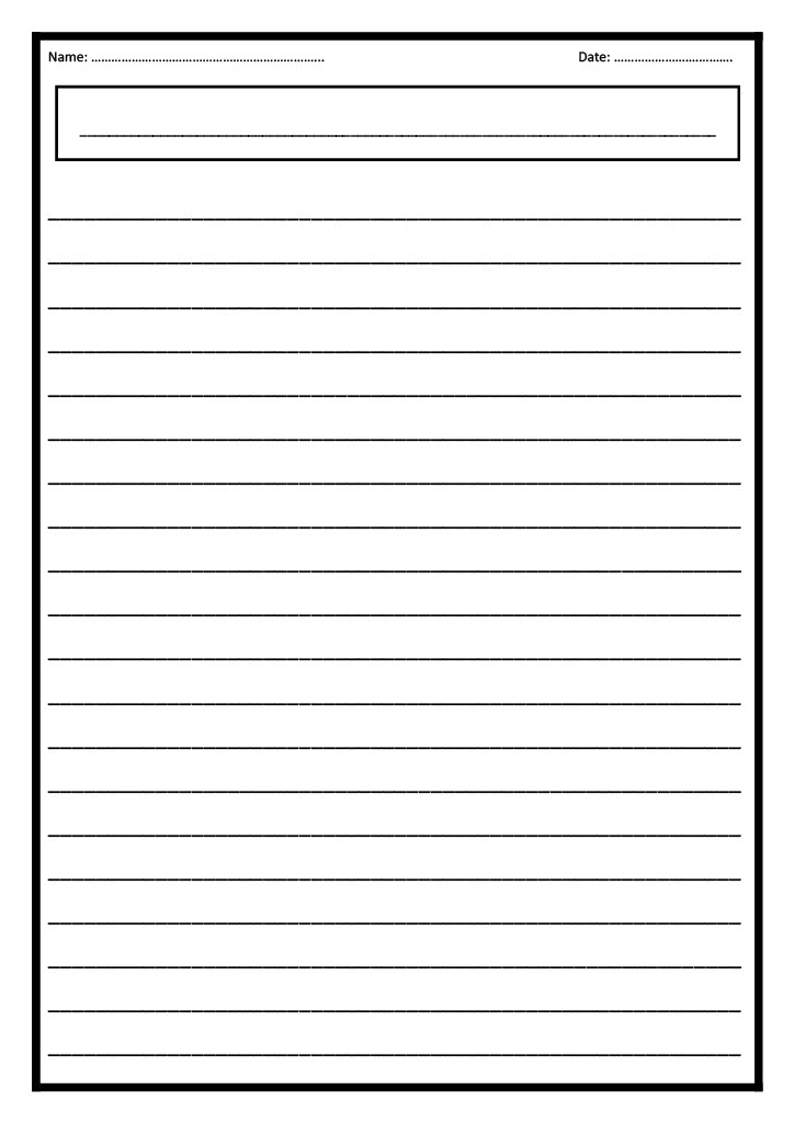 Lined writing paper with name and date fields and a boxed heading.