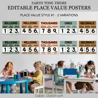 Earth-tone place-value display strips with billions through decimals in two variations.