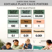 Earth-tone place-value cards labeled from hundred billions through thousandths.