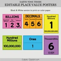 Black-and-white place-value cards shown printed on colored paper.