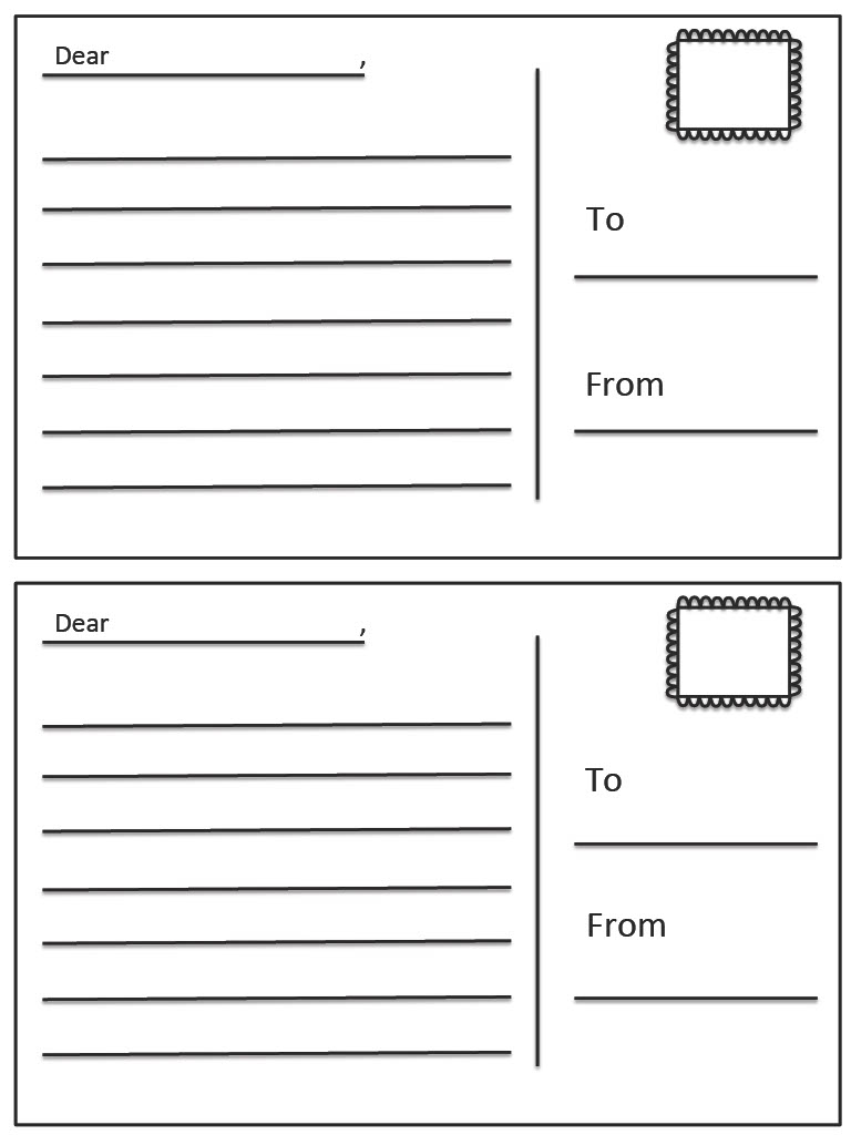 Two lined postcard backs with message, stamp, recipient and sender areas.