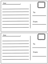 Two lined postcard backs with message, stamp, recipient and sender areas.